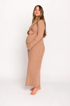 Clearance Worth Collective Colette Premium Long Sleeved Ribbed Knit Maxi Dress in Dark Natural -