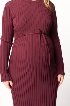 Outlet Worth Collective Colette Premium Long Sleeved Ribbed Knit Maxi Dress in Burgundy - Bump