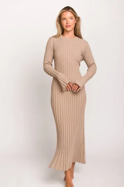 Clearance Worth Collective Colette Premium Long Sleeved Ribbed Knit Maxi Dress in Dark Natural -