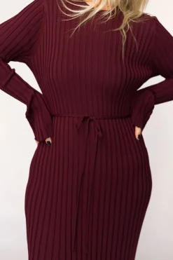 Outlet Worth Collective Colette Premium Long Sleeved Ribbed Knit Maxi Dress in Burgundy - Bump