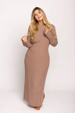 Clearance Worth Collective Colette Premium Long Sleeved Ribbed Knit Maxi Dress in Dark Natural -