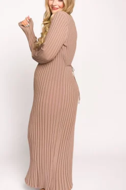 Clearance Worth Collective Colette Premium Long Sleeved Ribbed Knit Maxi Dress in Dark Natural -