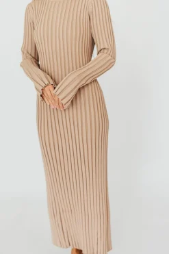 Clearance Worth Collective Colette Premium Long Sleeved Ribbed Knit Maxi Dress in Dark Natural -