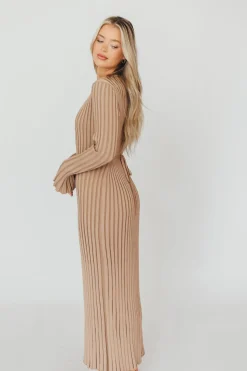 Clearance Worth Collective Colette Premium Long Sleeved Ribbed Knit Maxi Dress in Dark Natural -