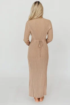 Clearance Worth Collective Colette Premium Long Sleeved Ribbed Knit Maxi Dress in Dark Natural -