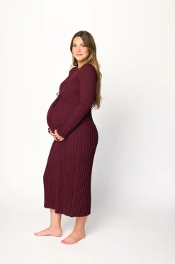 Outlet Worth Collective Colette Premium Long Sleeved Ribbed Knit Maxi Dress in Burgundy - Bump