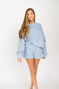 Hot Worth Collective Comfy Cozy High Waisted Sweat Shorts in Baby Blue