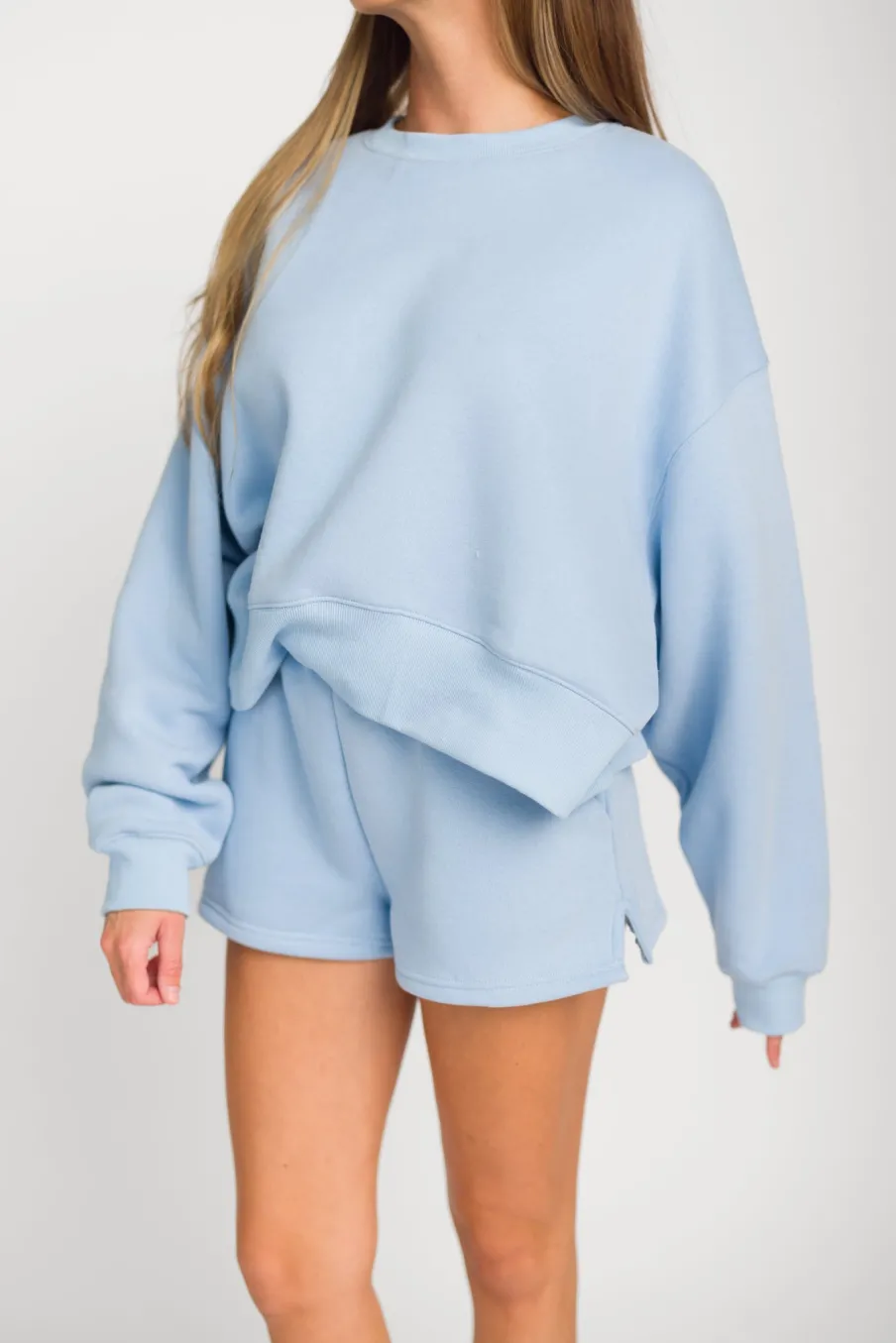 Hot Worth Collective Comfy Cozy High Waisted Sweat Shorts in Baby Blue