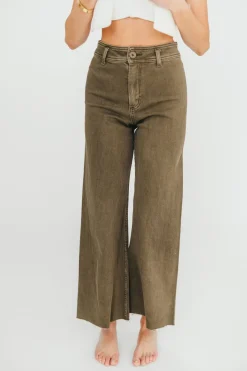 Clearance Worth Collective Corin Straight Wide Leg Denim Pants in Faded Olive