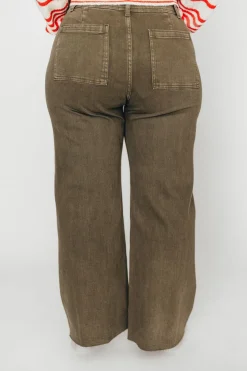 Clearance Worth Collective Corin Straight Wide Leg Denim Pants in Faded Olive