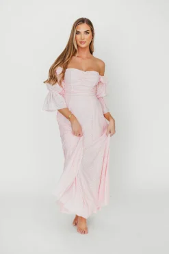 New Worth Collective Corrine Tiered Sleeve Maxi Dress with Pockets in Baby Pink - Bump Frie