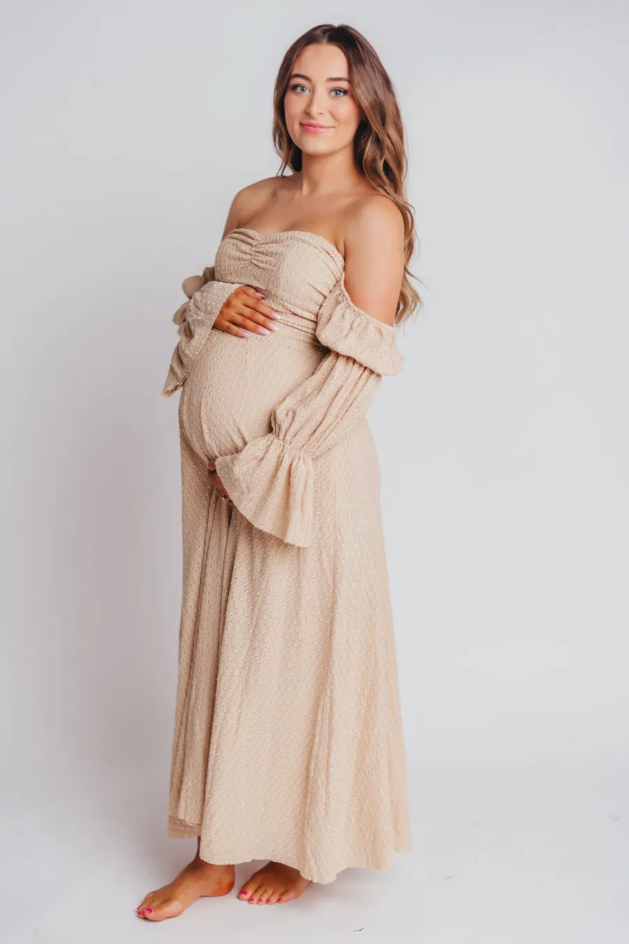 Hot Worth Collective Corrine Tiered Sleeve Maxi Dress with Pockets in Beige - Bump Friendly