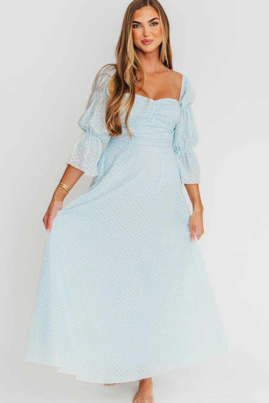 New Worth Collective Corrine Tiered Sleeve Maxi Dress with Pockets in Baby Blue - Bump Frie