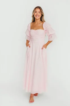 New Worth Collective Corrine Tiered Sleeve Maxi Dress with Pockets in Baby Pink - Bump Frie