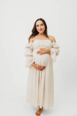 Outlet Worth Collective Corrine Tiered Sleeve Maxi Dress with Pockets in Ivory Cream - Bump Fr