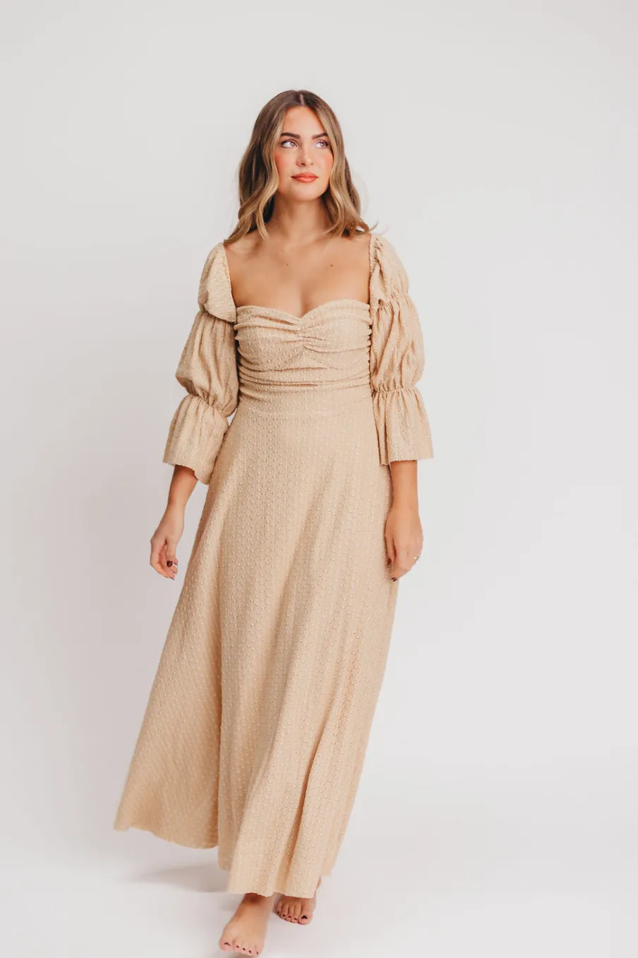 Hot Worth Collective Corrine Tiered Sleeve Maxi Dress with Pockets in Beige - Bump Friendly