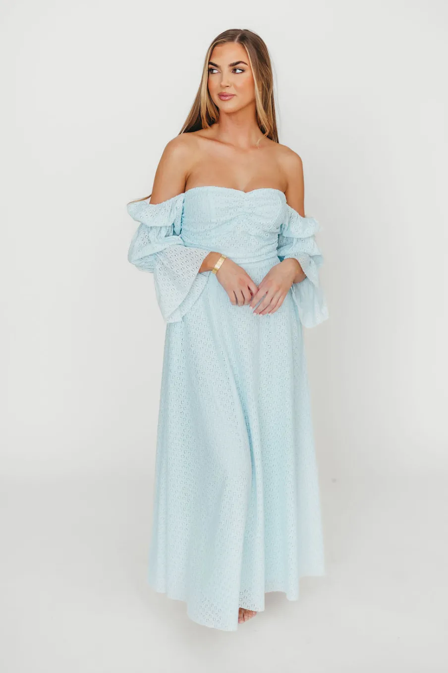 New Worth Collective Corrine Tiered Sleeve Maxi Dress with Pockets in Baby Blue - Bump Frie