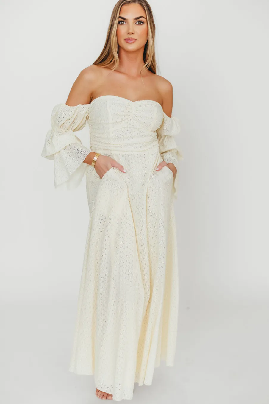 Outlet Worth Collective Corrine Tiered Sleeve Maxi Dress with Pockets in Butter Yellow - Bump