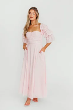 New Worth Collective Corrine Tiered Sleeve Maxi Dress with Pockets in Baby Pink - Bump Frie