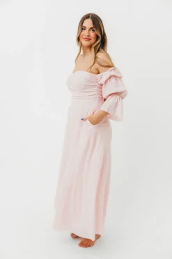 New Worth Collective Corrine Tiered Sleeve Maxi Dress with Pockets in Baby Pink - Bump Frie