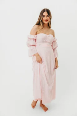 New Worth Collective Corrine Tiered Sleeve Maxi Dress with Pockets in Baby Pink - Bump Frie