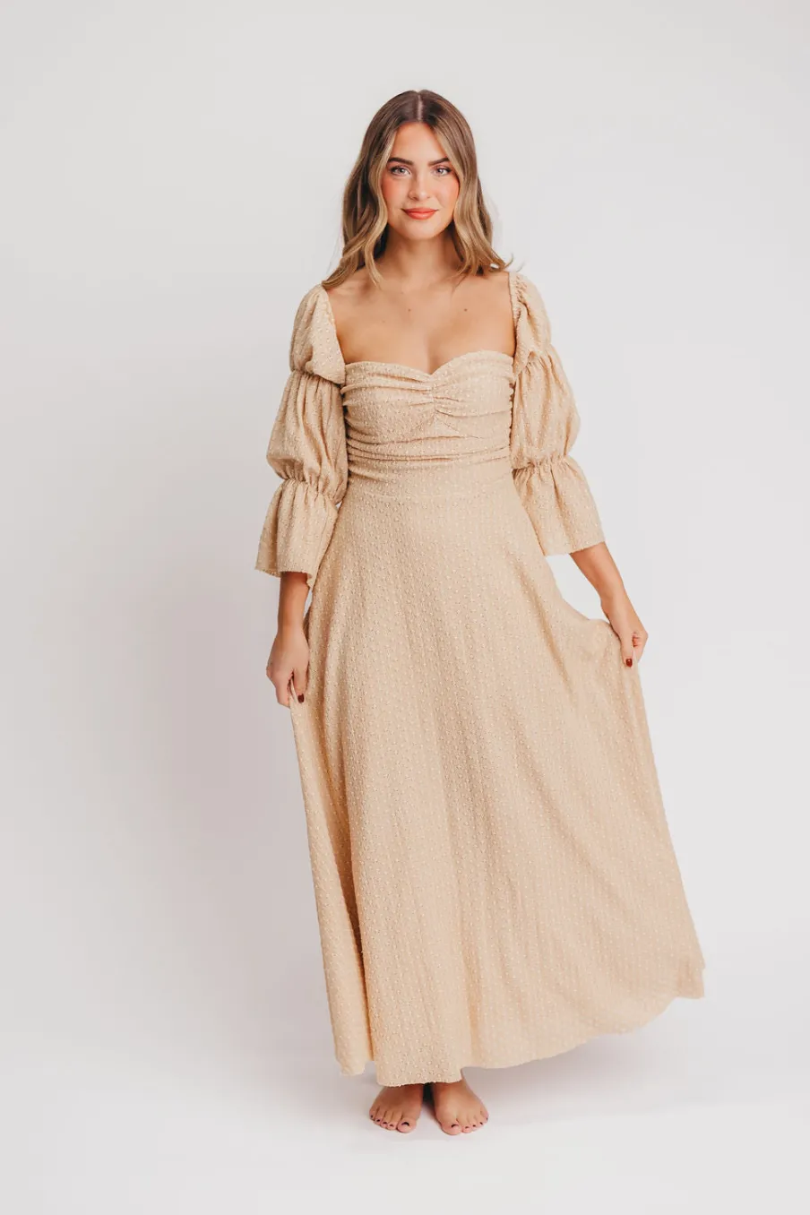 Hot Worth Collective Corrine Tiered Sleeve Maxi Dress with Pockets in Beige - Bump Friendly