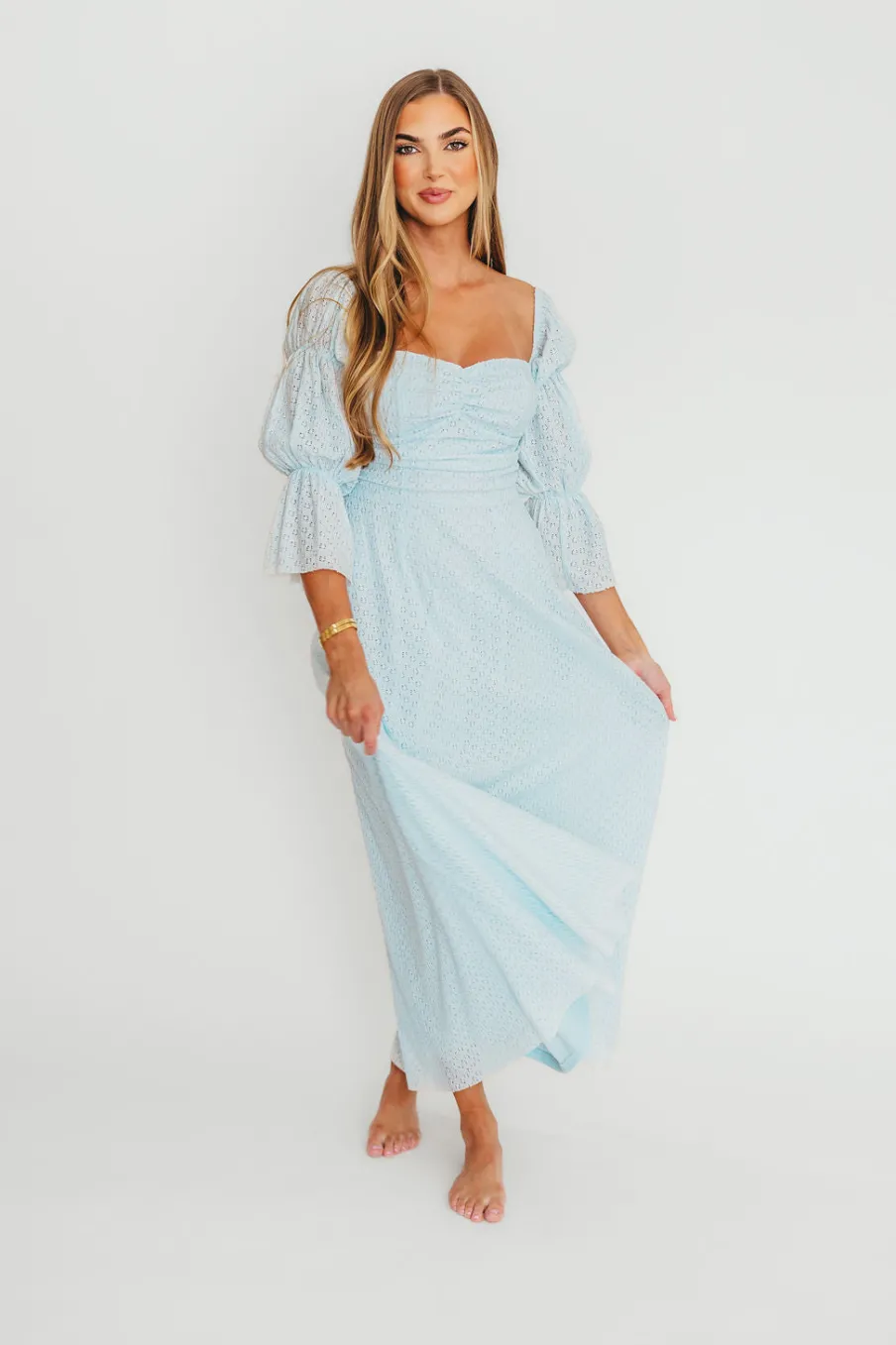 New Worth Collective Corrine Tiered Sleeve Maxi Dress with Pockets in Baby Blue - Bump Frie