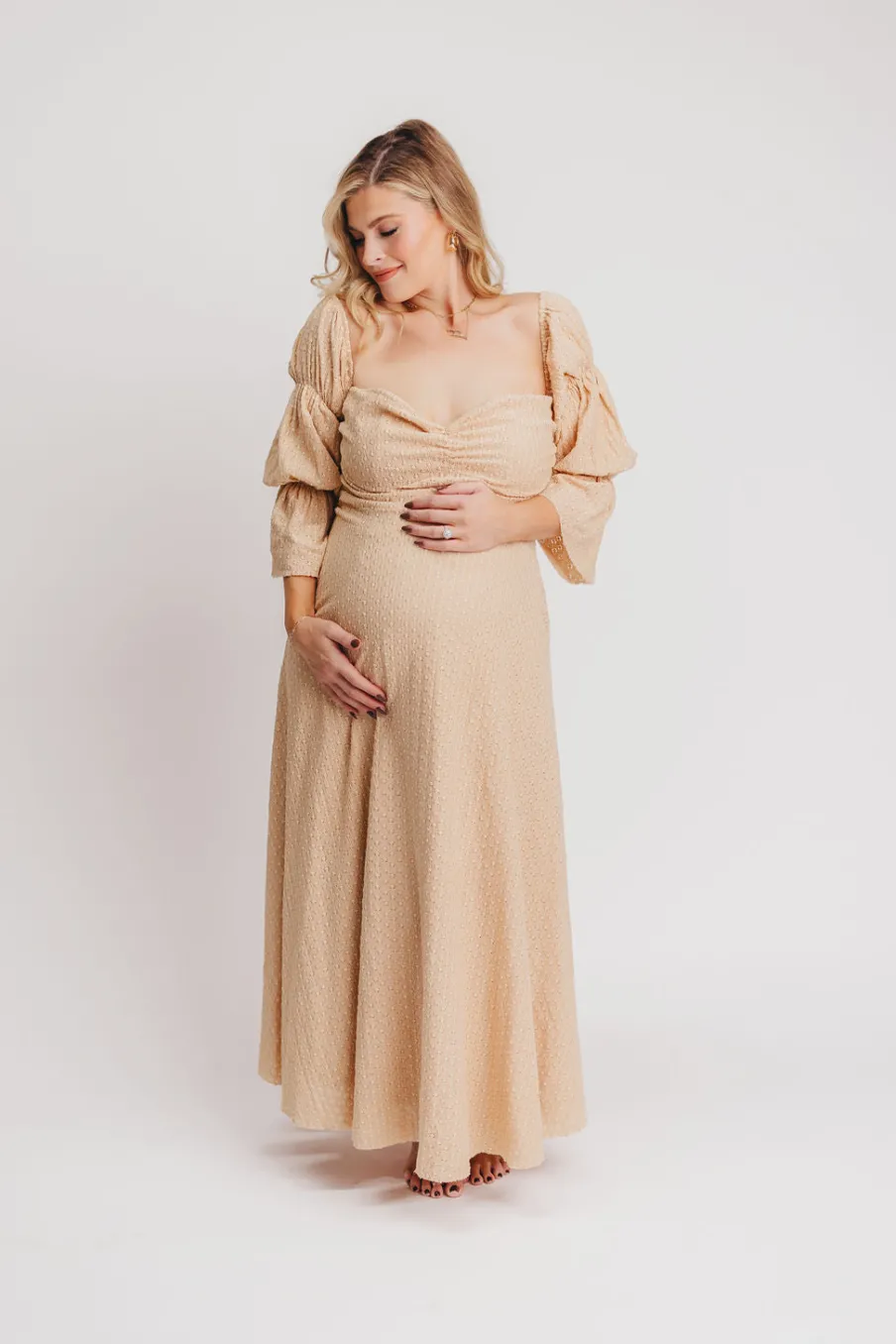 Hot Worth Collective Corrine Tiered Sleeve Maxi Dress with Pockets in Beige - Bump Friendly