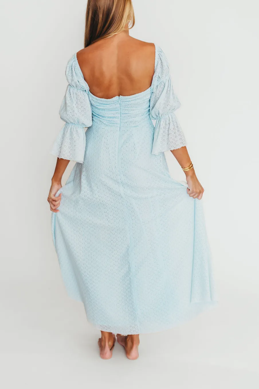 New Worth Collective Corrine Tiered Sleeve Maxi Dress with Pockets in Baby Blue - Bump Frie