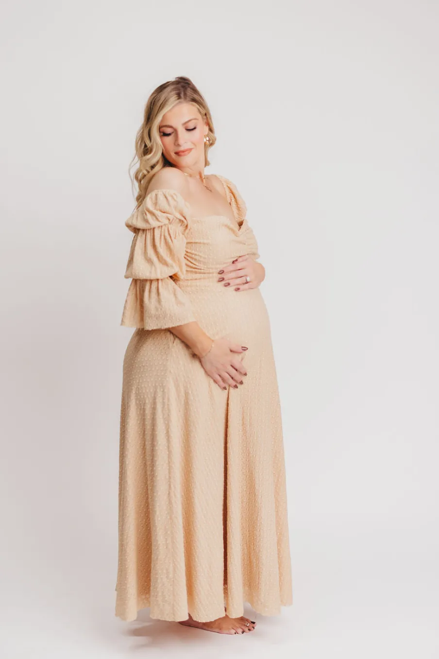 Hot Worth Collective Corrine Tiered Sleeve Maxi Dress with Pockets in Beige - Bump Friendly