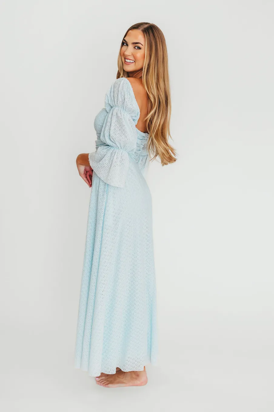 New Worth Collective Corrine Tiered Sleeve Maxi Dress with Pockets in Baby Blue - Bump Frie