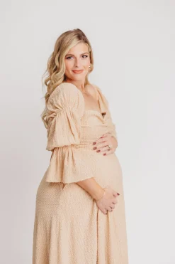 Hot Worth Collective Corrine Tiered Sleeve Maxi Dress with Pockets in Beige - Bump Friendly