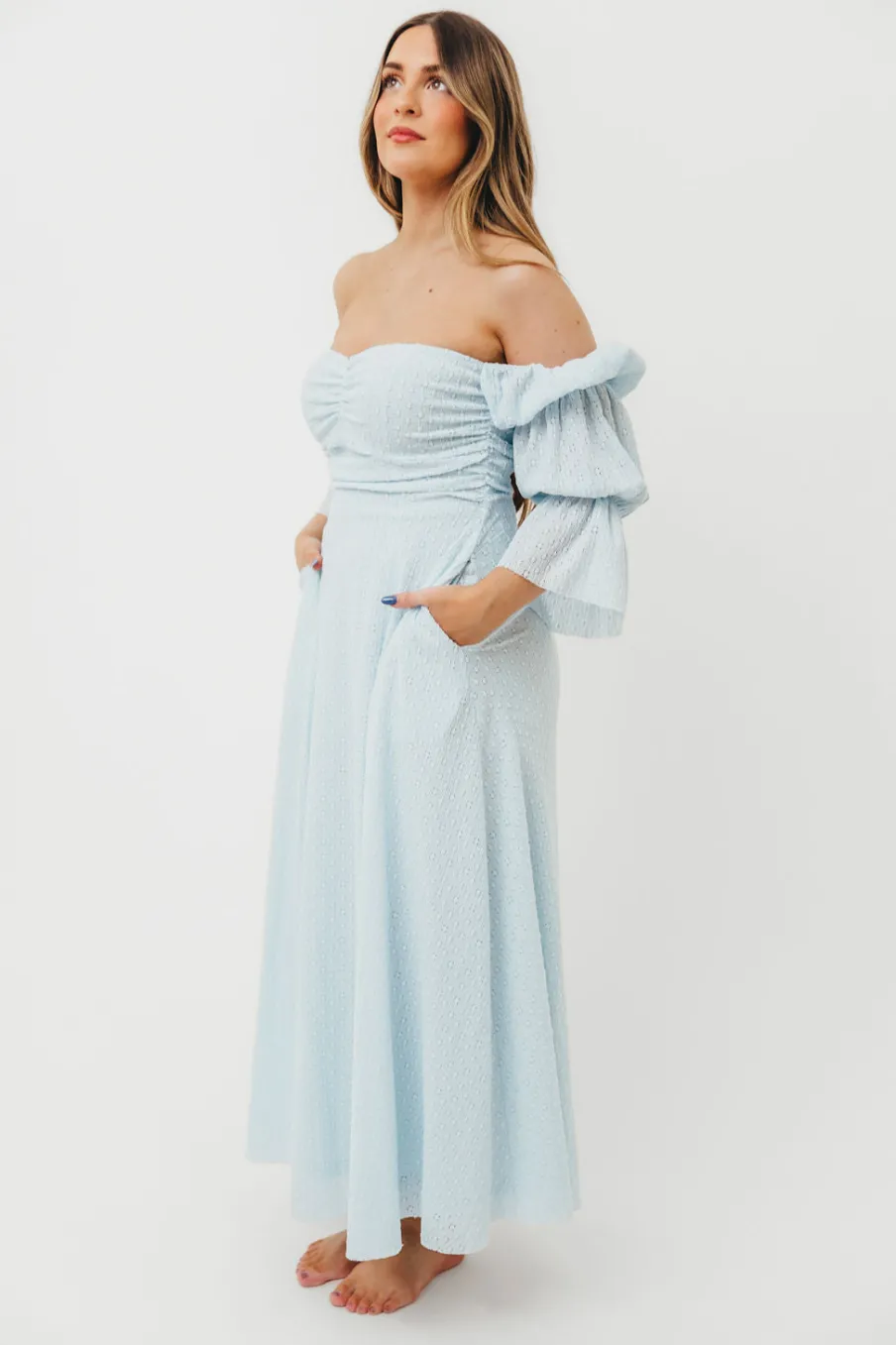 New Worth Collective Corrine Tiered Sleeve Maxi Dress with Pockets in Baby Blue - Bump Frie