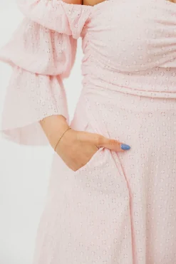 New Worth Collective Corrine Tiered Sleeve Maxi Dress with Pockets in Baby Pink - Bump Frie