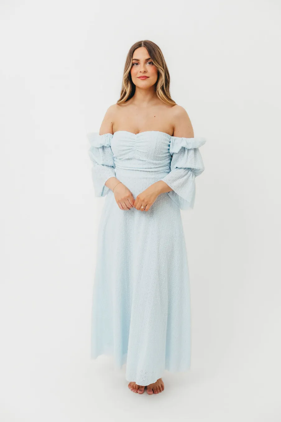 New Worth Collective Corrine Tiered Sleeve Maxi Dress with Pockets in Baby Blue - Bump Frie
