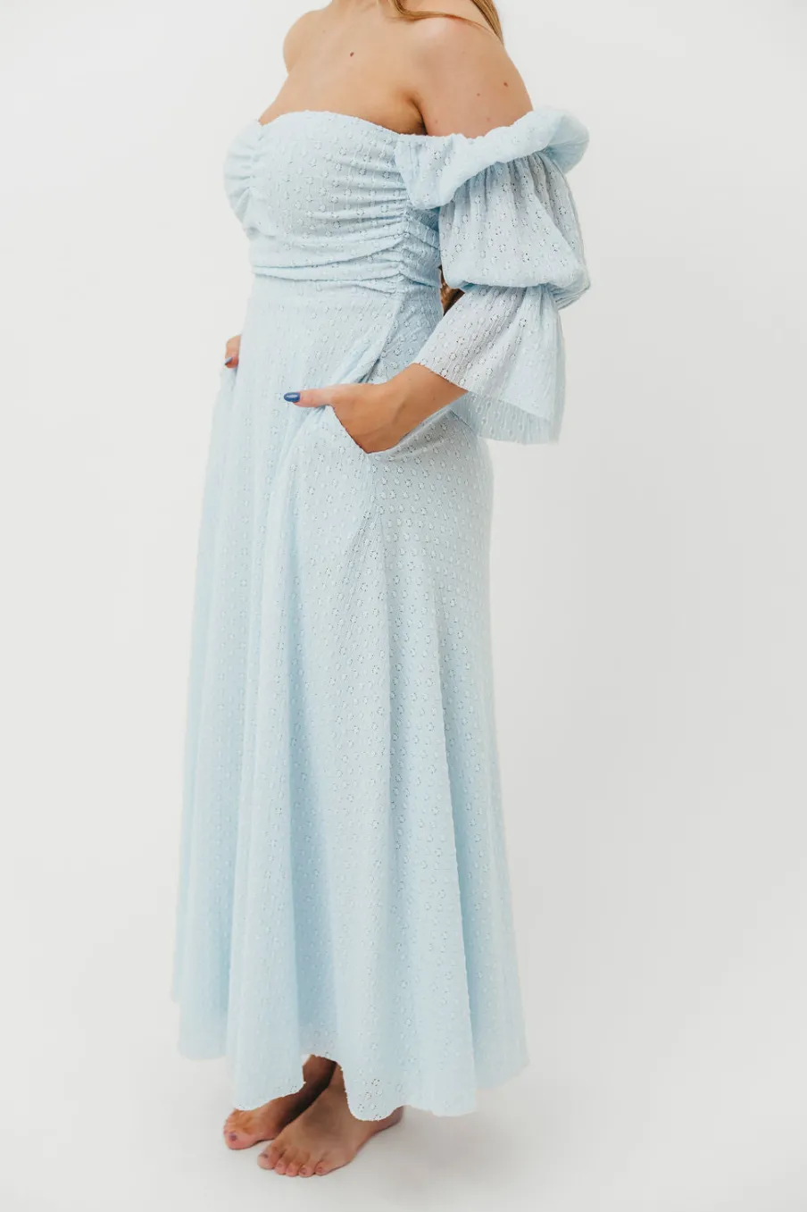 New Worth Collective Corrine Tiered Sleeve Maxi Dress with Pockets in Baby Blue - Bump Frie