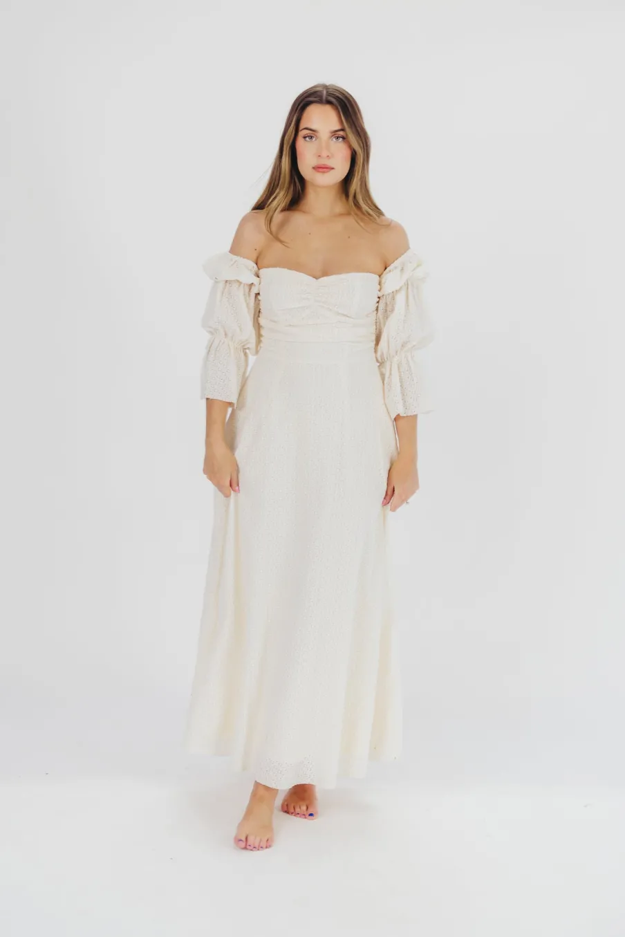 Outlet Worth Collective Corrine Tiered Sleeve Maxi Dress with Pockets in Ivory Cream - Bump Fr