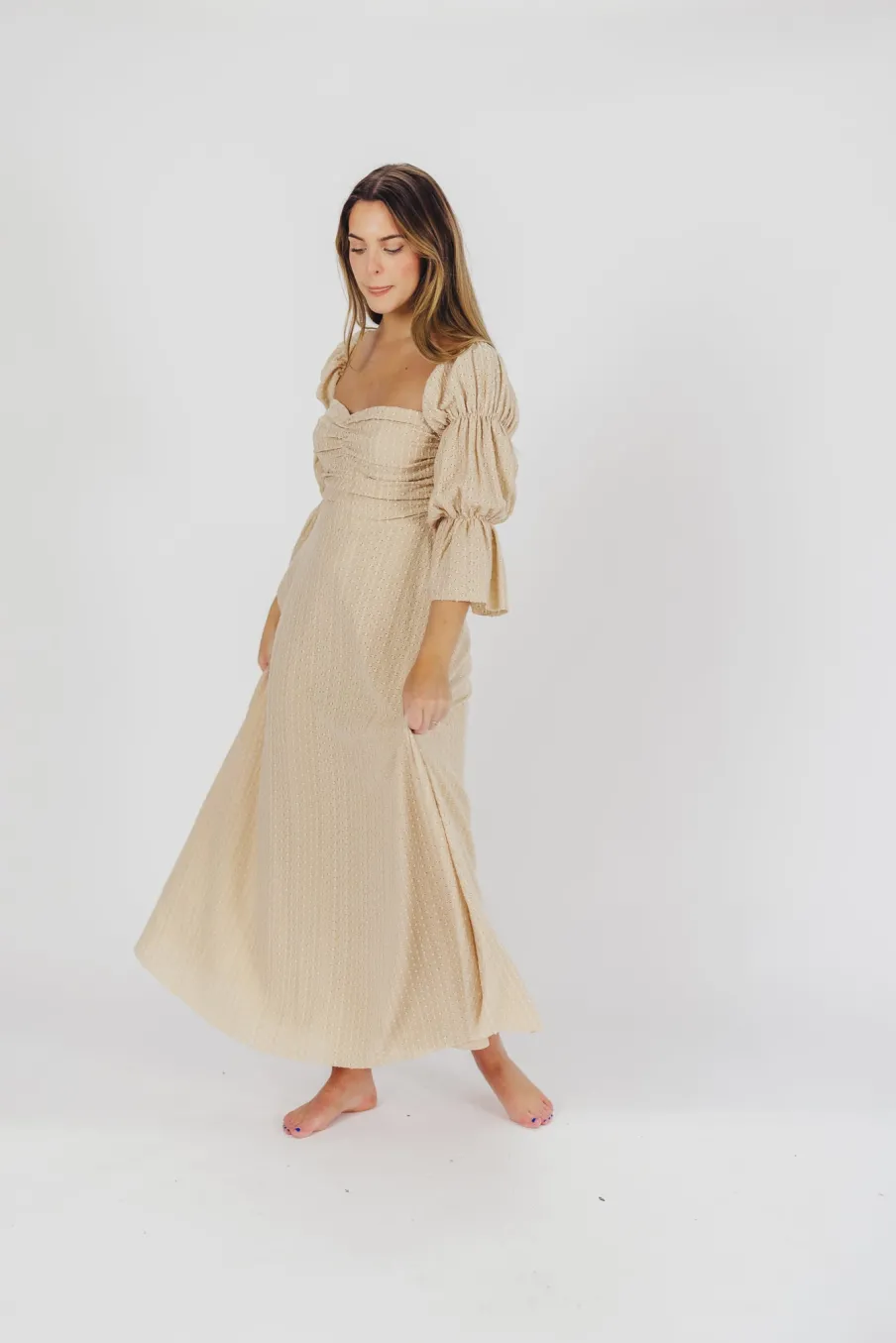 Hot Worth Collective Corrine Tiered Sleeve Maxi Dress with Pockets in Beige - Bump Friendly