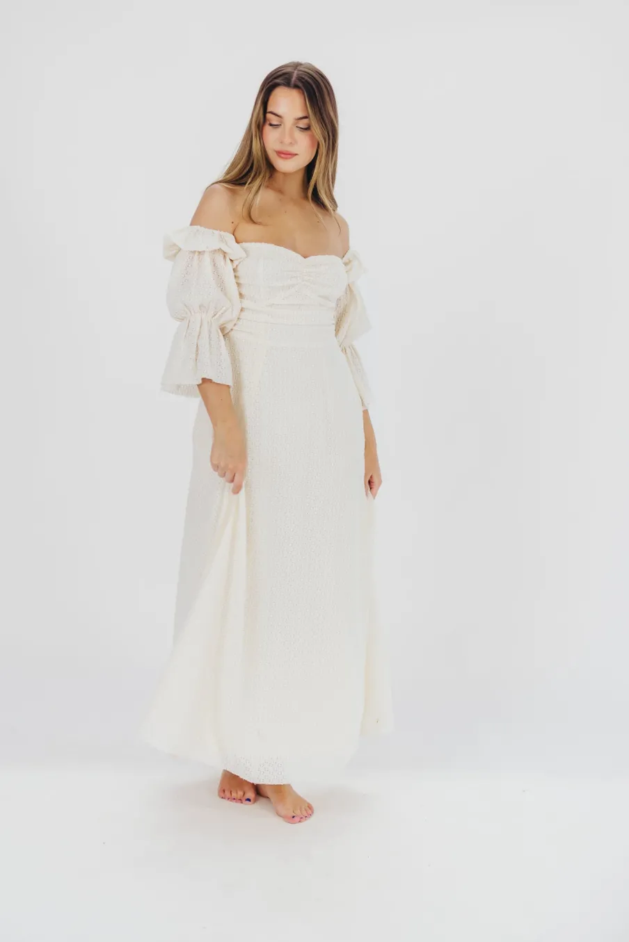 Outlet Worth Collective Corrine Tiered Sleeve Maxi Dress with Pockets in Ivory Cream - Bump Fr