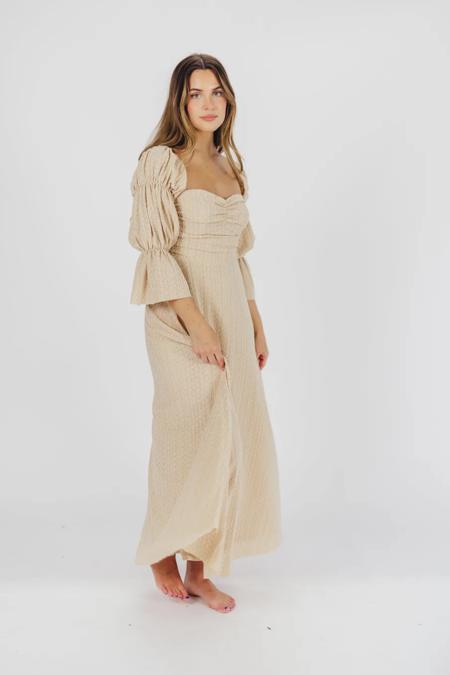 Hot Worth Collective Corrine Tiered Sleeve Maxi Dress with Pockets in Beige - Bump Friendly
