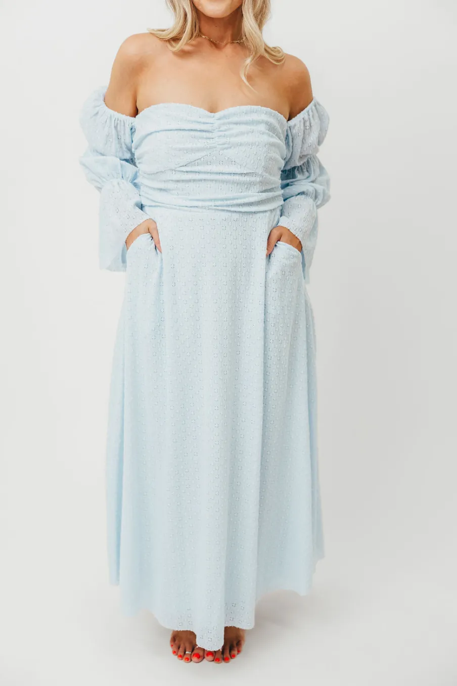 New Worth Collective Corrine Tiered Sleeve Maxi Dress with Pockets in Baby Blue - Bump Frie