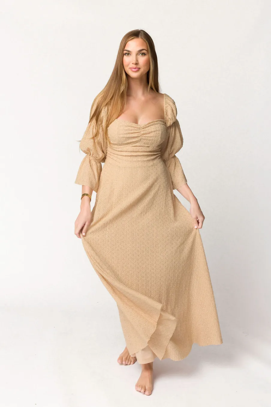 Hot Worth Collective Corrine Tiered Sleeve Maxi Dress with Pockets in Beige - Bump Friendly