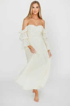 Outlet Worth Collective Corrine Tiered Sleeve Maxi Dress with Pockets in Butter Yellow - Bump