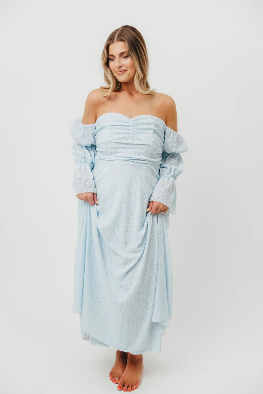 New Worth Collective Corrine Tiered Sleeve Maxi Dress with Pockets in Baby Blue - Bump Frie