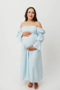 New Worth Collective Corrine Tiered Sleeve Maxi Dress with Pockets in Baby Blue - Bump Frie