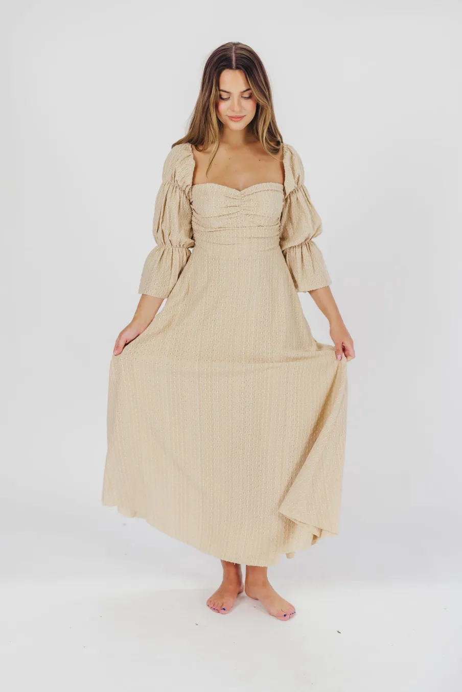 Hot Worth Collective Corrine Tiered Sleeve Maxi Dress with Pockets in Beige - Bump Friendly