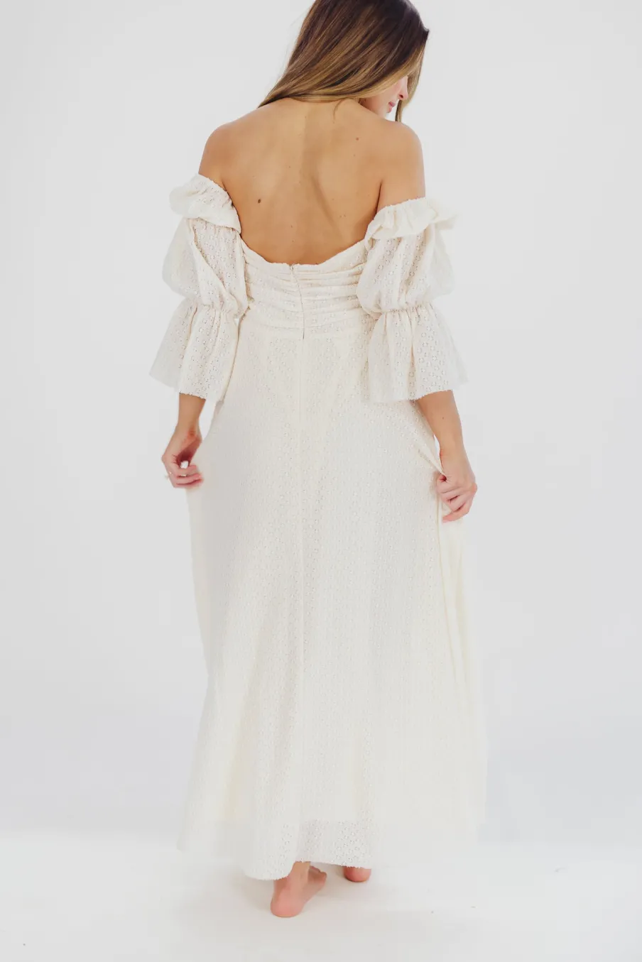 Outlet Worth Collective Corrine Tiered Sleeve Maxi Dress with Pockets in Ivory Cream - Bump Fr