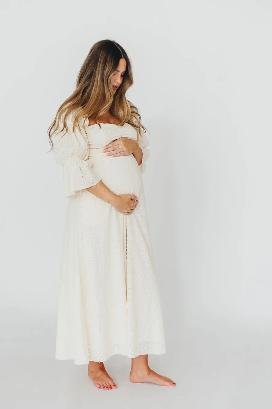 Outlet Worth Collective Corrine Tiered Sleeve Maxi Dress with Pockets in Ivory Cream - Bump Fr