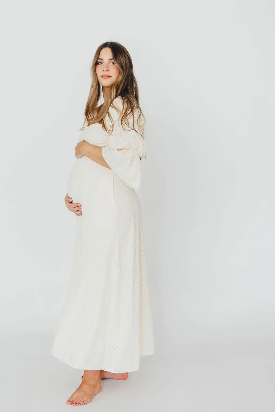 Outlet Worth Collective Corrine Tiered Sleeve Maxi Dress with Pockets in Ivory Cream - Bump Fr