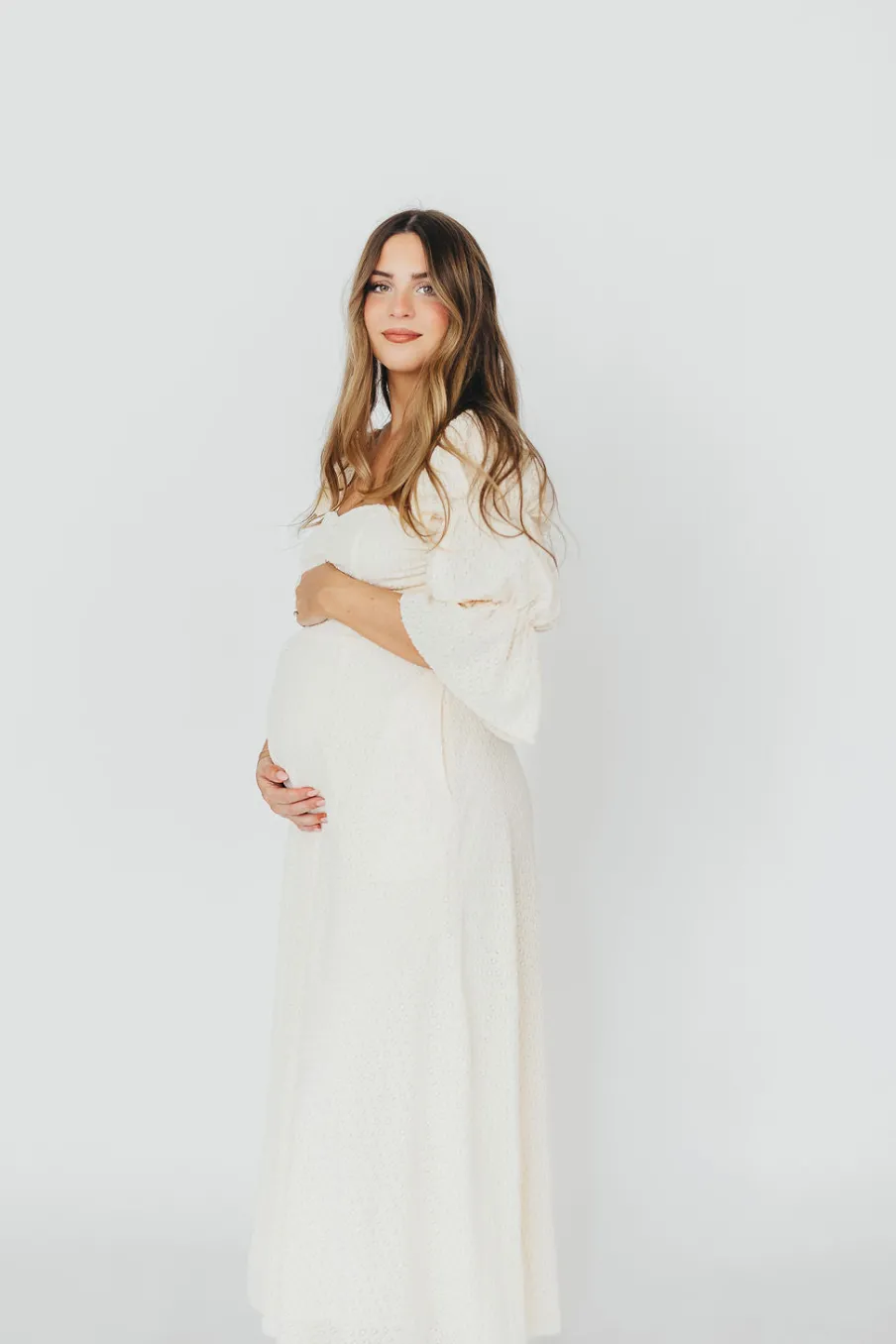 Outlet Worth Collective Corrine Tiered Sleeve Maxi Dress with Pockets in Ivory Cream - Bump Fr